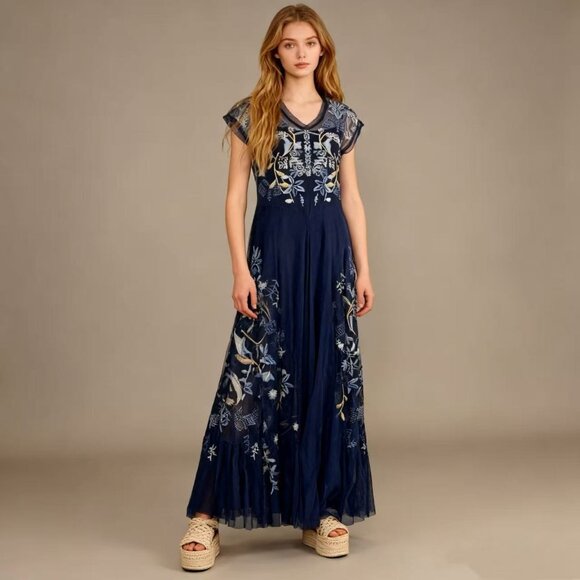 NWOT Johnny Was Floral Mesh Embroidered Maxi Dress, Boho, Size S Blue - Picture 1 of 16